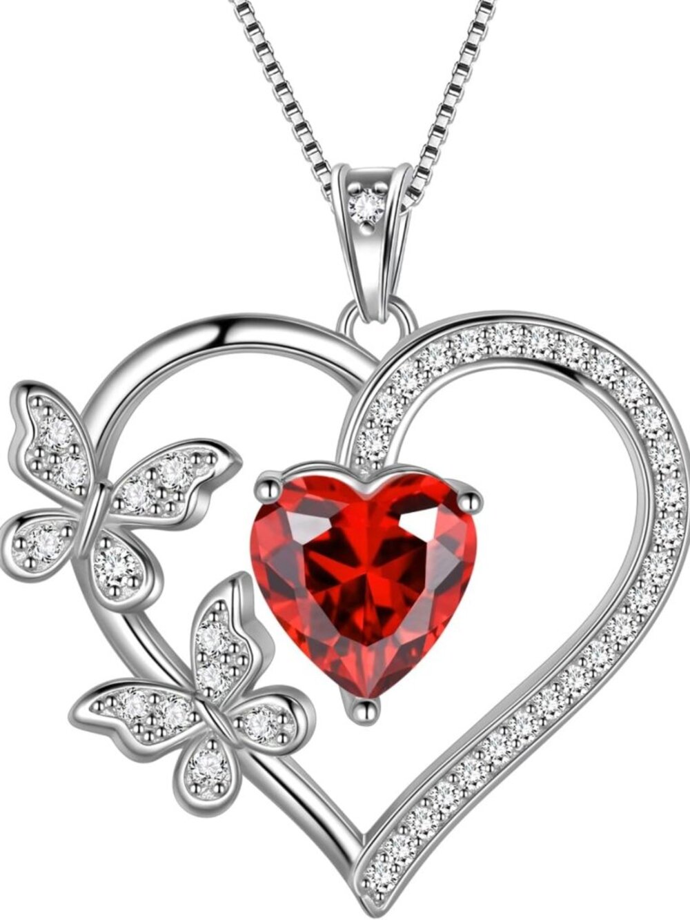 Heart Butterfly Pendant Necklace - 925 Sterling Silver Birthstone Crystal